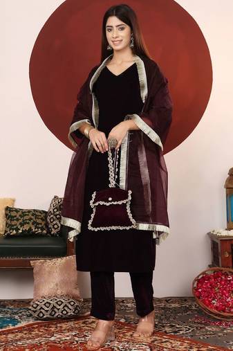 Velvet V-Neck Straight Kurta With Trousers And Dupatta