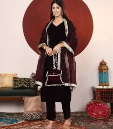 Velvet V-Neck Straight Kurta With Trousers And Dupatta