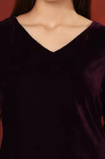 Velvet V-Neck Straight Kurta With Trousers And Dupatta