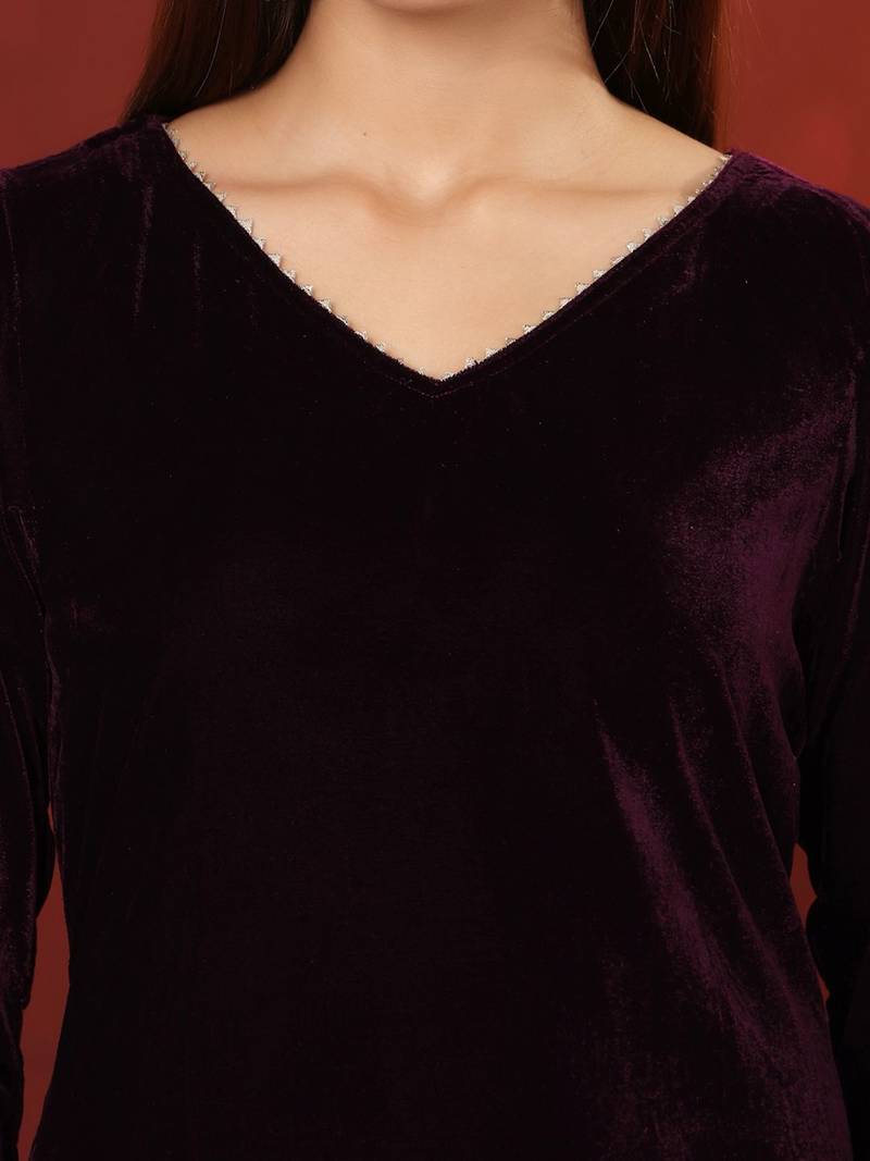 Velvet V-Neck Straight Kurta With Trousers And Dupatta