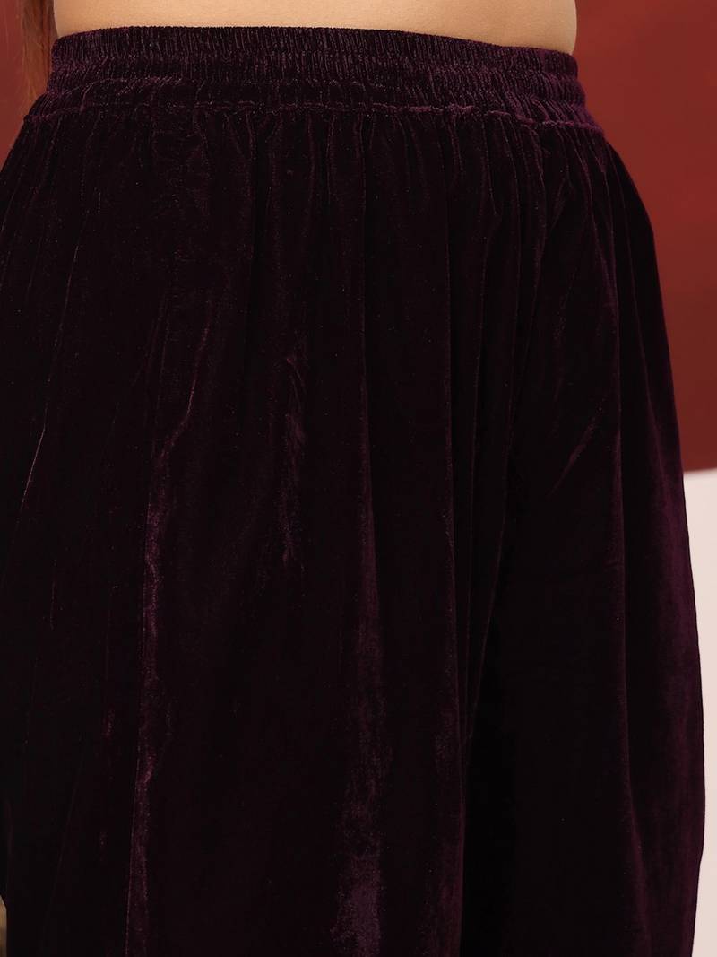 Velvet V-Neck Straight Kurta With Trousers And Dupatta