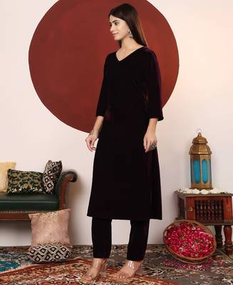 Velvet V-Neck Straight Kurta With Trousers And Dupatta 5