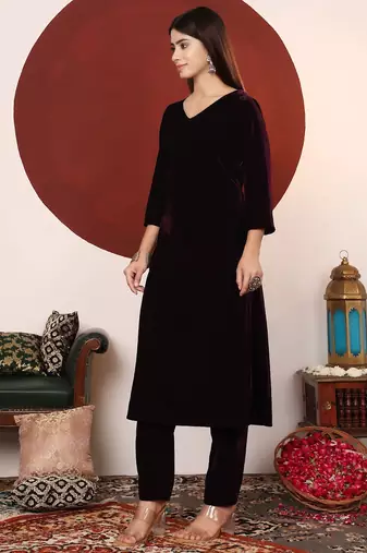 Velvet V-Neck Straight Kurta With Trousers And Dupatta