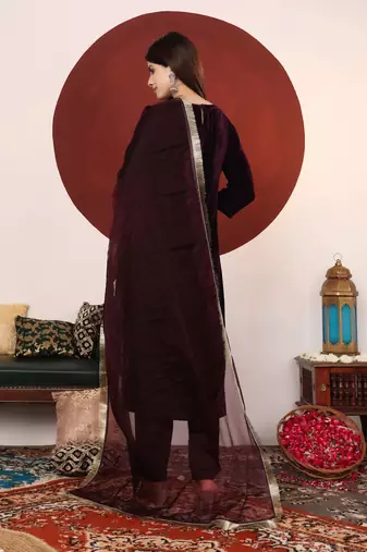 Velvet V-Neck Straight Kurta With Trousers And Dupatta