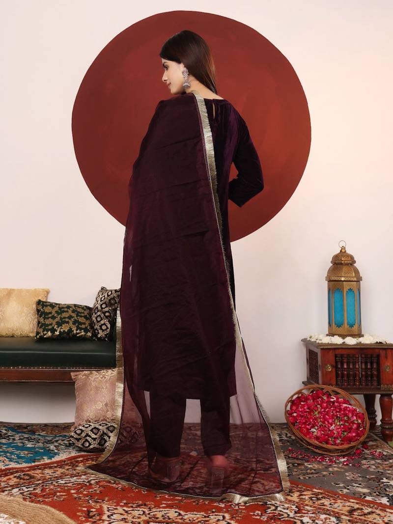 Velvet V-Neck Straight Kurta With Trousers And Dupatta