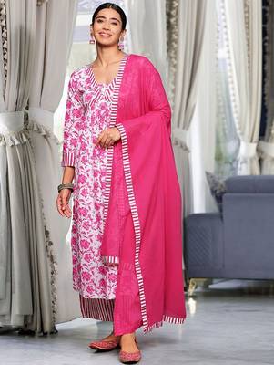 Pink Floral Printed Thread Work Pure Cotton Kurta With Palazzos & Dupatta 1