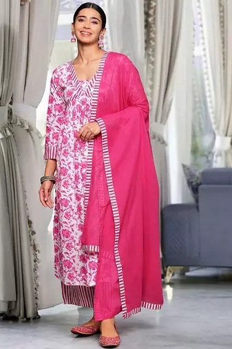 Pink Floral Printed Thread Work Pure Cotton Kurta With Palazzos & Dupatta