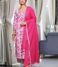 Pink Floral Printed Thread Work Pure Cotton Kurta With Palazzos & Dupatta