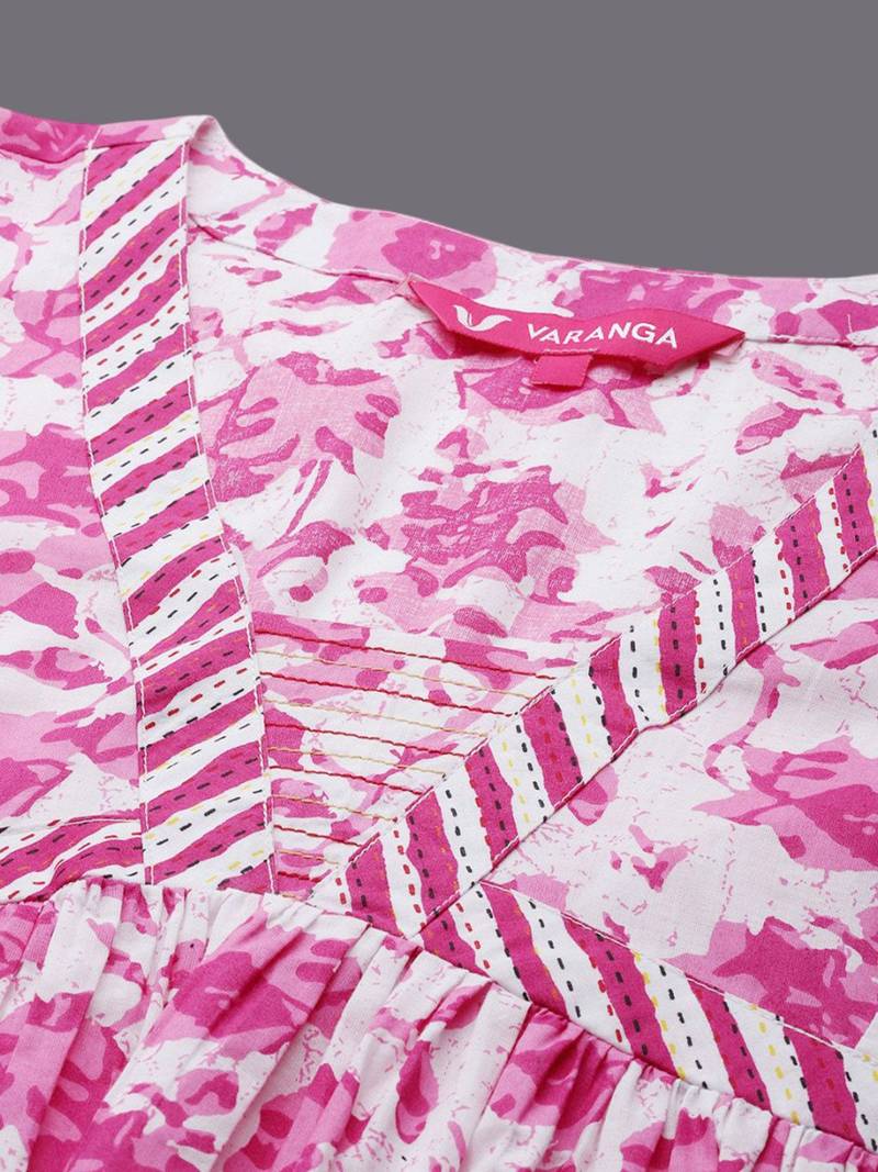 Pink Floral Printed Thread Work Pure Cotton Kurta With Palazzos & Dupatta