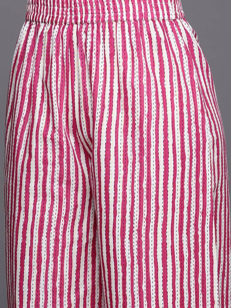 Pink Floral Printed Thread Work Pure Cotton Kurta With Palazzos & Dupatta