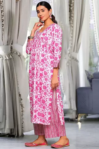 Pink Floral Printed Thread Work Pure Cotton Kurta With Palazzos & Dupatta