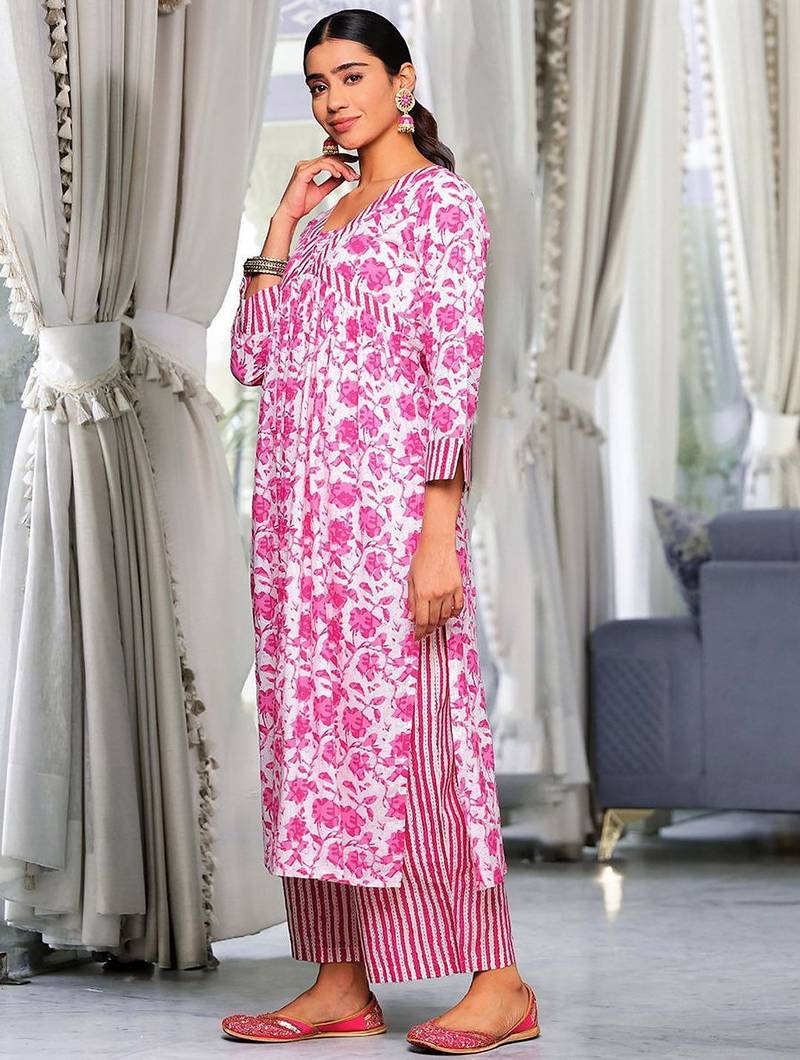 Pink Floral Printed Thread Work Pure Cotton Kurta With Palazzos & Dupatta