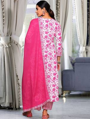 Pink Floral Printed Thread Work Pure Cotton Kurta With Palazzos & Dupatta 6