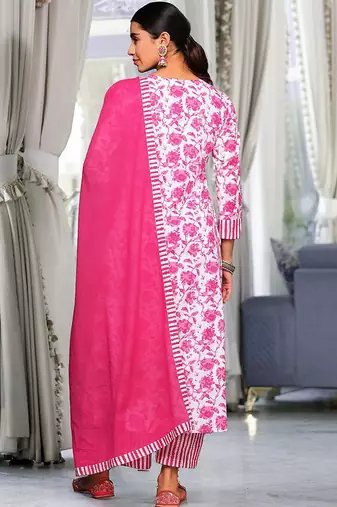Pink Floral Printed Thread Work Pure Cotton Kurta With Palazzos & Dupatta
