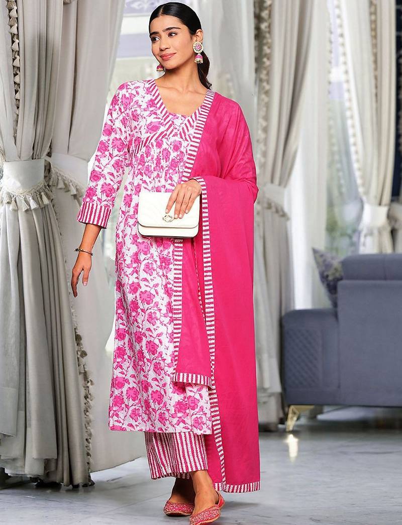 Pink Floral Printed Thread Work Pure Cotton Kurta With Palazzos & Dupatta