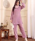 Women V Neck Balloon Sleeve V Neck Velvet Winter Kurta with Trouser