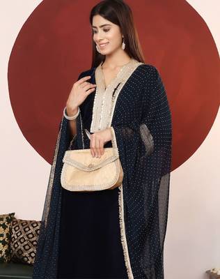 Navy Blue Embroidered Sequined Straight Kurta with Trousers & Dupatta 1