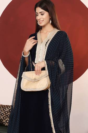 Navy Blue Embroidered Sequined Straight Kurta with Trousers & Dupatta