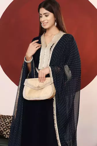 Navy Blue Embroidered Sequined Straight Kurta with Trousers & Dupatta