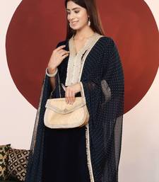 Navy Blue Embroidered Sequined Straight Kurta with Trousers & Dupatta