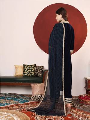 Navy Blue Embroidered Sequined Straight Kurta with Trousers & Dupatta 2