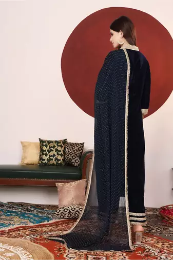 Navy Blue Embroidered Sequined Straight Kurta with Trousers & Dupatta