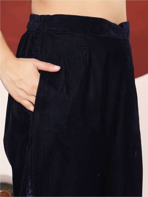 Navy Blue Embroidered Sequined Straight Kurta with Trousers & Dupatta 3