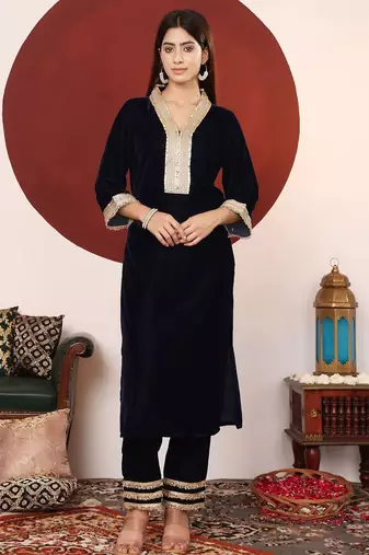 Navy Blue Embroidered Sequined Straight Kurta with Trousers & Dupatta