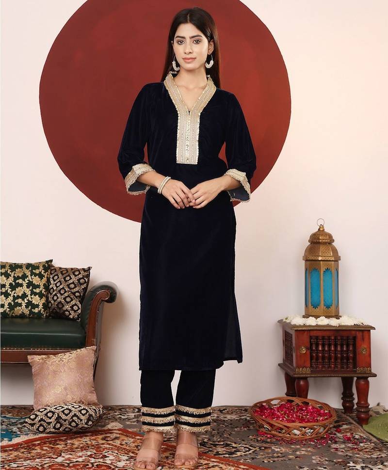 Navy Blue Embroidered Sequined Straight Kurta with Trousers & Dupatta