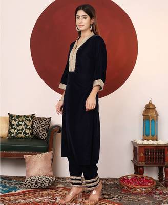 Navy Blue Embroidered Sequined Straight Kurta with Trousers & Dupatta 5