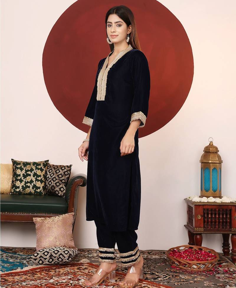 Navy Blue Embroidered Sequined Straight Kurta with Trousers & Dupatta