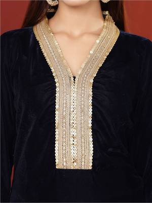 Navy Blue Embroidered Sequined Straight Kurta with Trousers & Dupatta 6