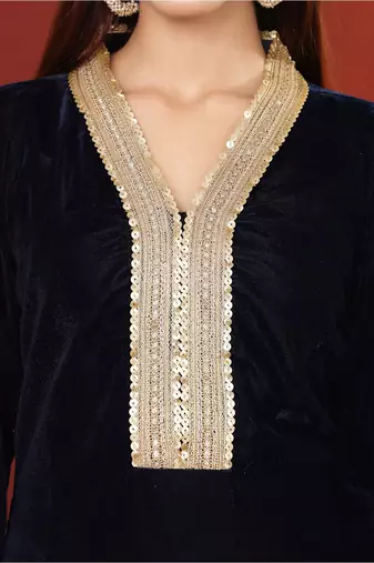 Navy Blue Embroidered Sequined Straight Kurta with Trousers & Dupatta