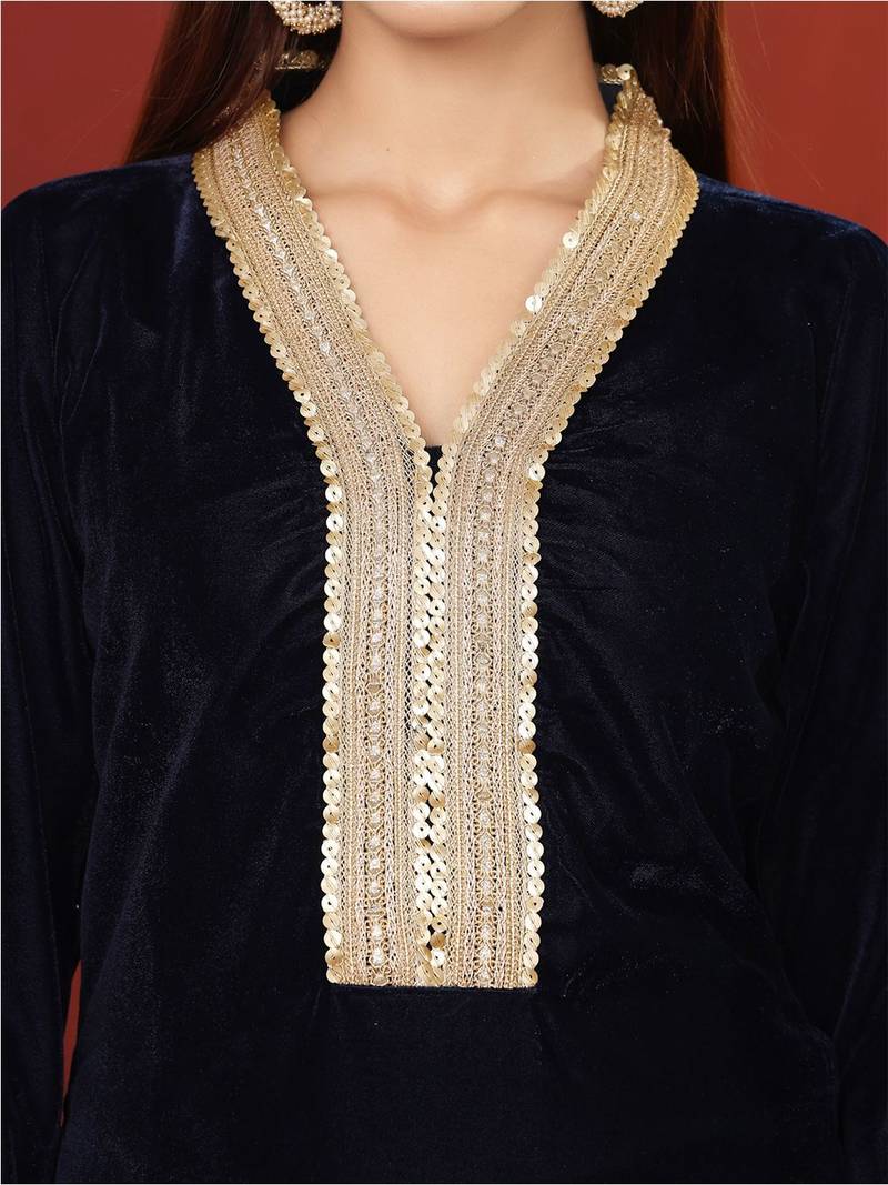 Navy Blue Embroidered Sequined Straight Kurta with Trousers & Dupatta