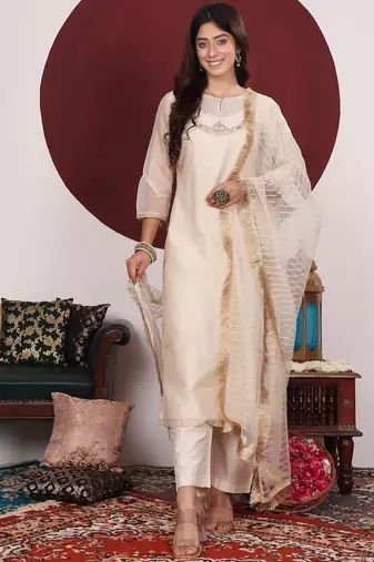 Floral Yoke Design Sequinned Keyhole Neck Straight Kurta With Trouser & Dupatta
