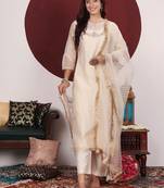Floral Yoke Design Sequinned Keyhole Neck Straight Kurta With Trouser & Dupatta