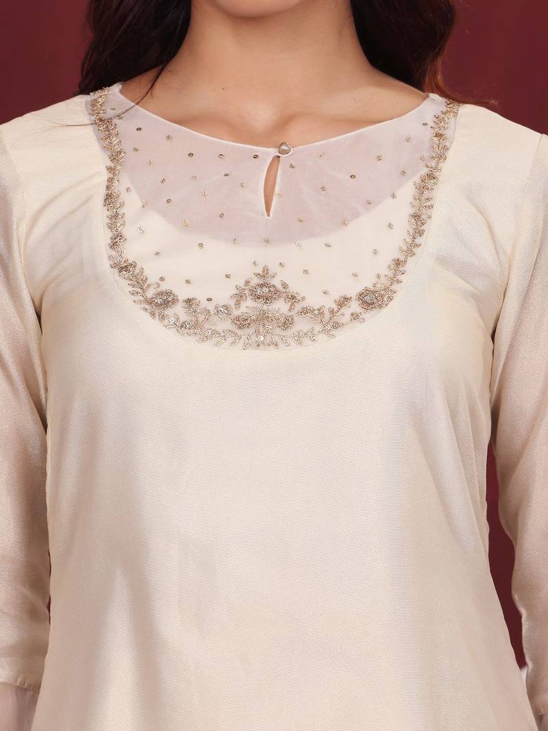 Floral Yoke Design Sequinned Keyhole Neck Straight Kurta With Trouser & Dupatta