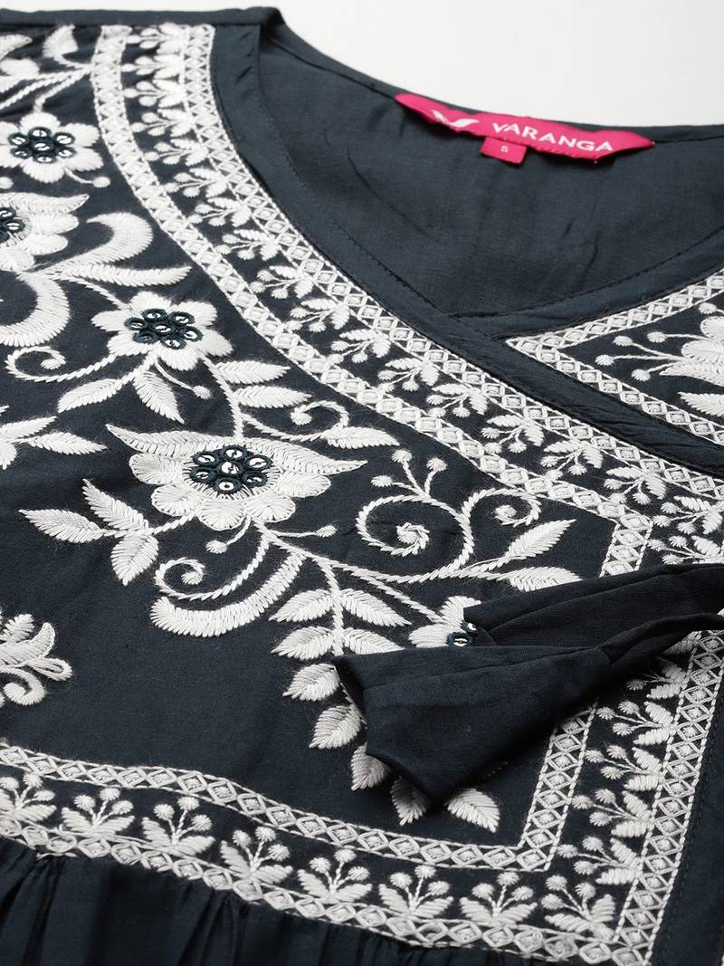 Women Floral Embroidered Angrakha Kurta with Trousers & With Dupatta
