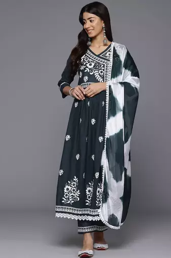 Women Floral Embroidered Angrakha Kurta with Trousers & With Dupatta