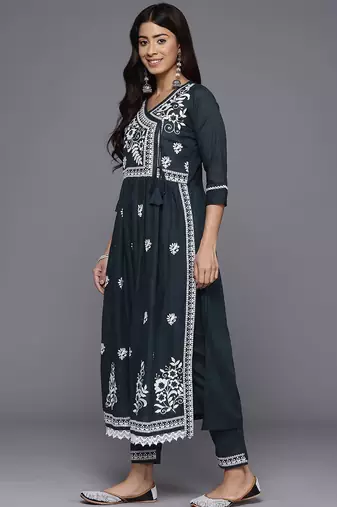 Women Floral Embroidered Angrakha Kurta with Trousers & With Dupatta