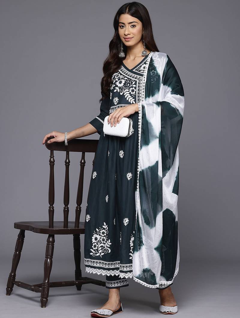 Women Floral Embroidered Angrakha Kurta with Trousers & With Dupatta