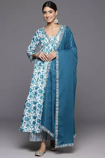 Printed Regular Kantha Work Pure Cotton Kurta with Palazzos & Dupatta