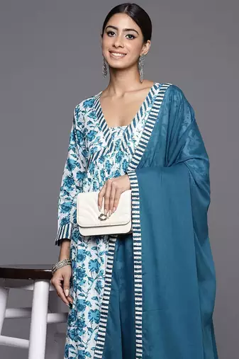 Printed Regular Kantha Work Pure Cotton Kurta with Palazzos & Dupatta