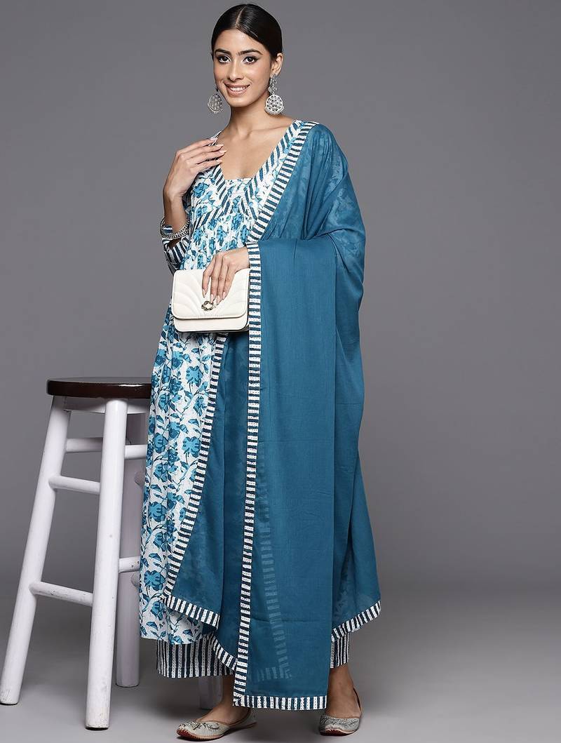 Printed Regular Kantha Work Pure Cotton Kurta with Palazzos & Dupatta