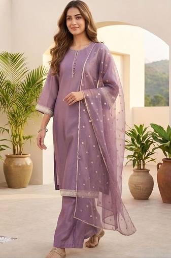 Women Ethnic Motifs Regular Thread Work Kurta with Palazzos & With Dupatta