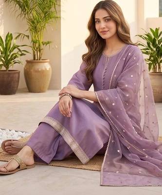 Women Ethnic Motifs Regular Thread Work Kurta with Palazzos & With Dupatta 2