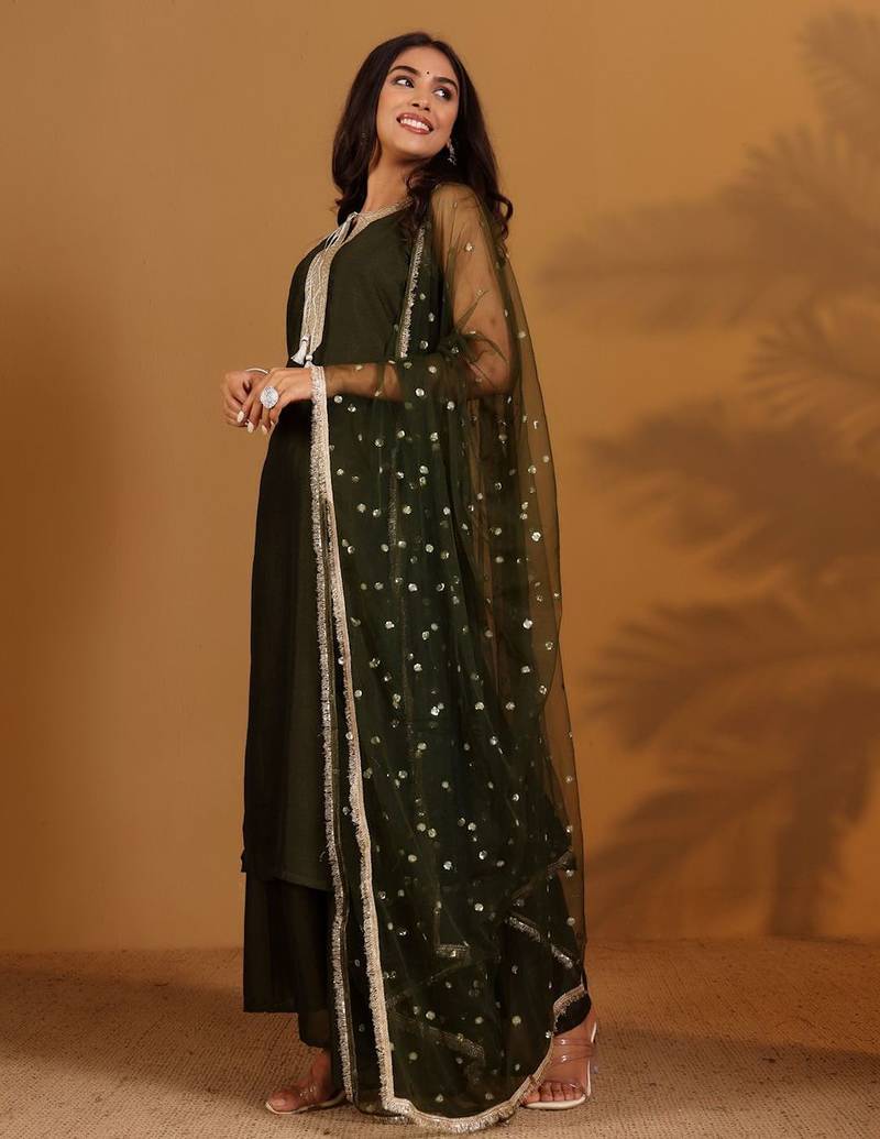 Gotta Patti Keyhole Neck Straight Kurta With Trousers & Dupatta