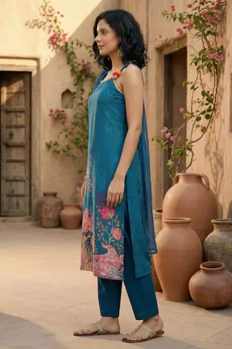 Women Floral Printed Regular Beads and Stones Kurta with Trousers & With Dupatta