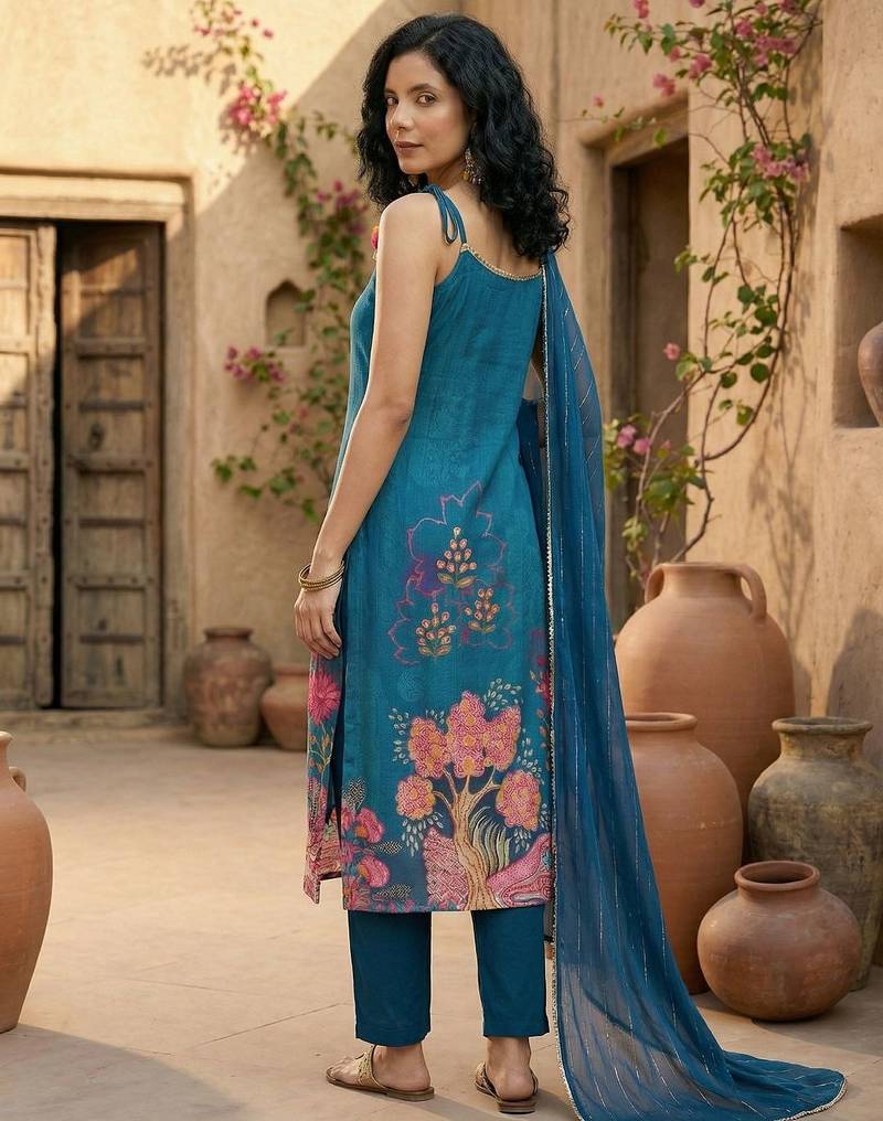 Women Floral Printed Regular Beads and Stones Kurta with Trousers & With Dupatta