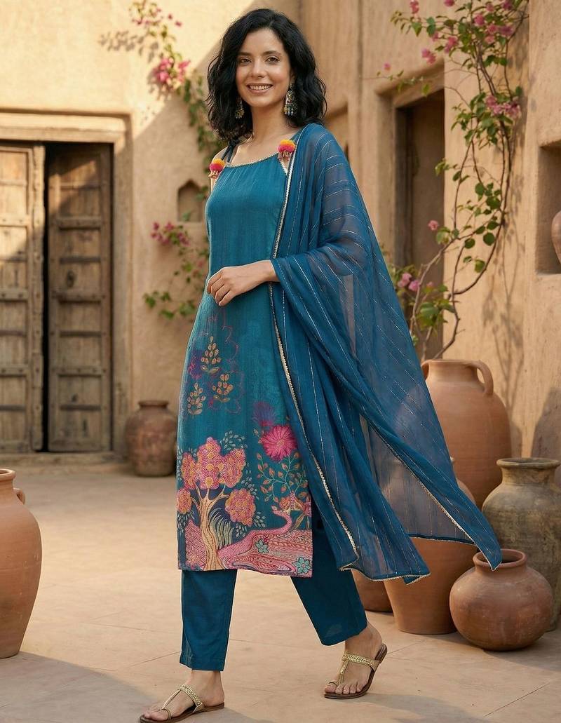 Women Floral Printed Regular Beads and Stones Kurta with Trousers & With Dupatta